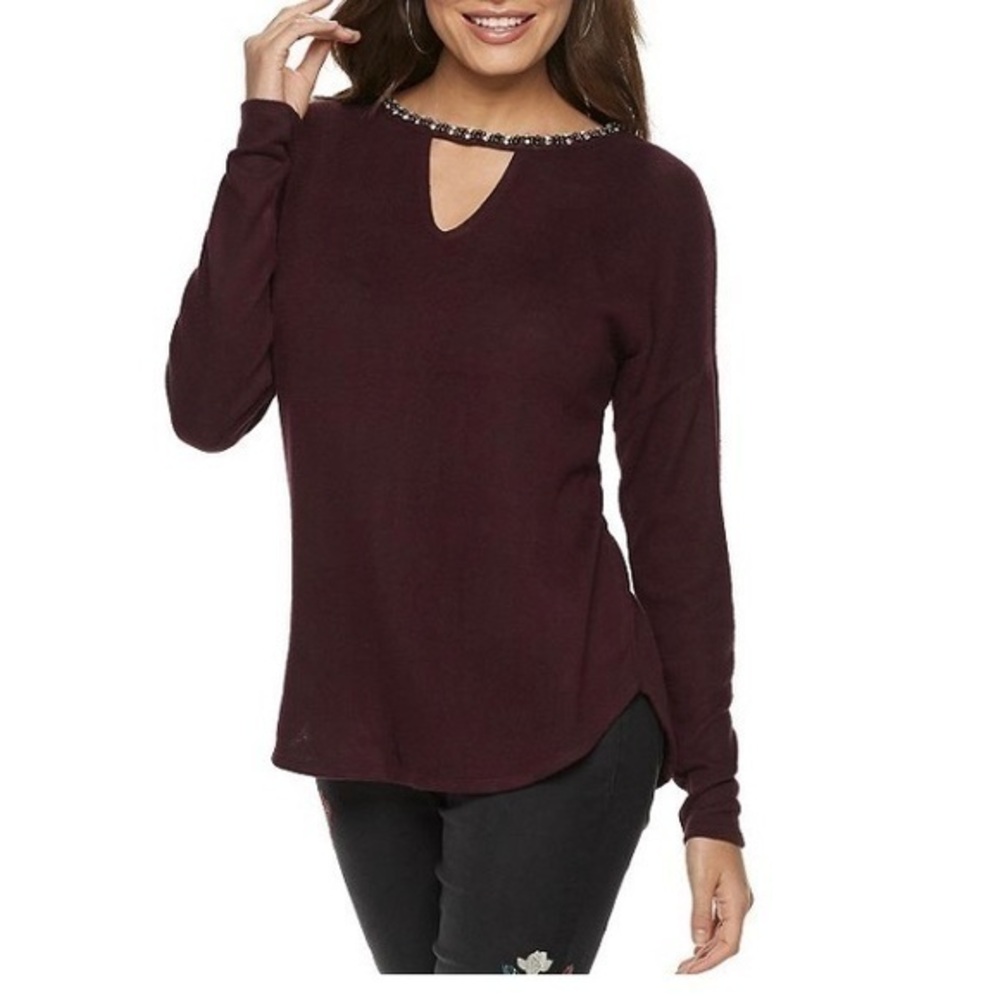 Jennifer Lopez JLO Cut Out Pull On Sweater Blinged XS Burgundy Purple Red Soft